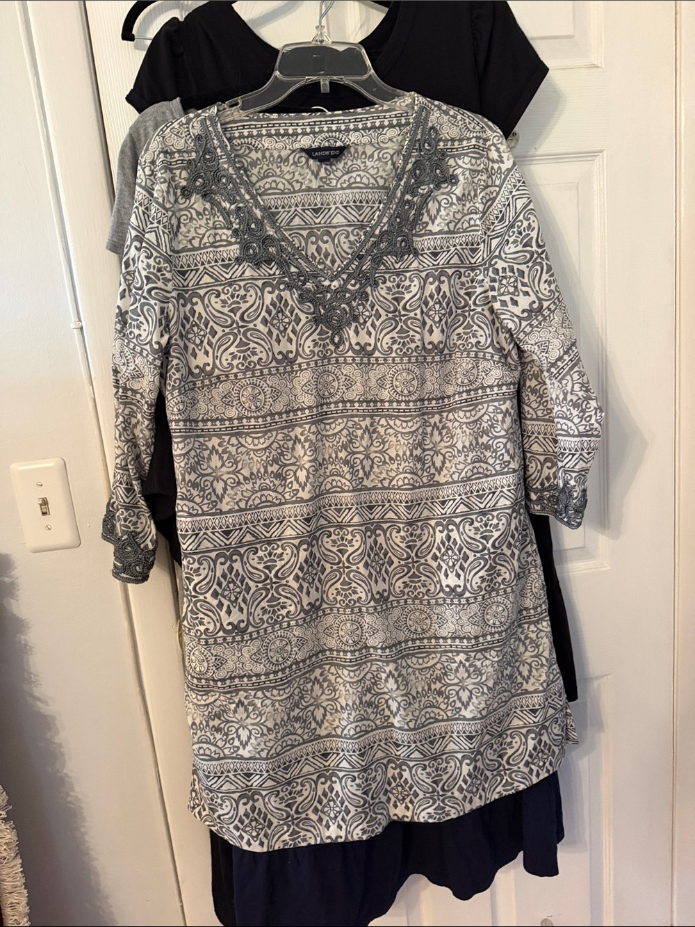 Lands End Embroidered V-Neck Grey Patterned Women's Tunic